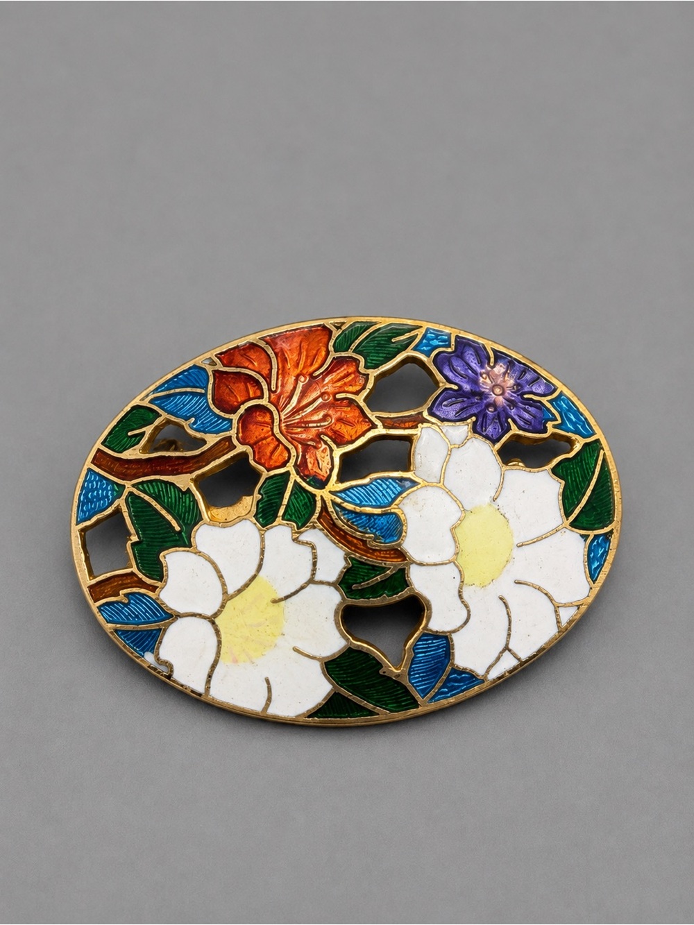 Floral Cloisonné Oval Brooch in White, Orange, Purple & Green #cz533